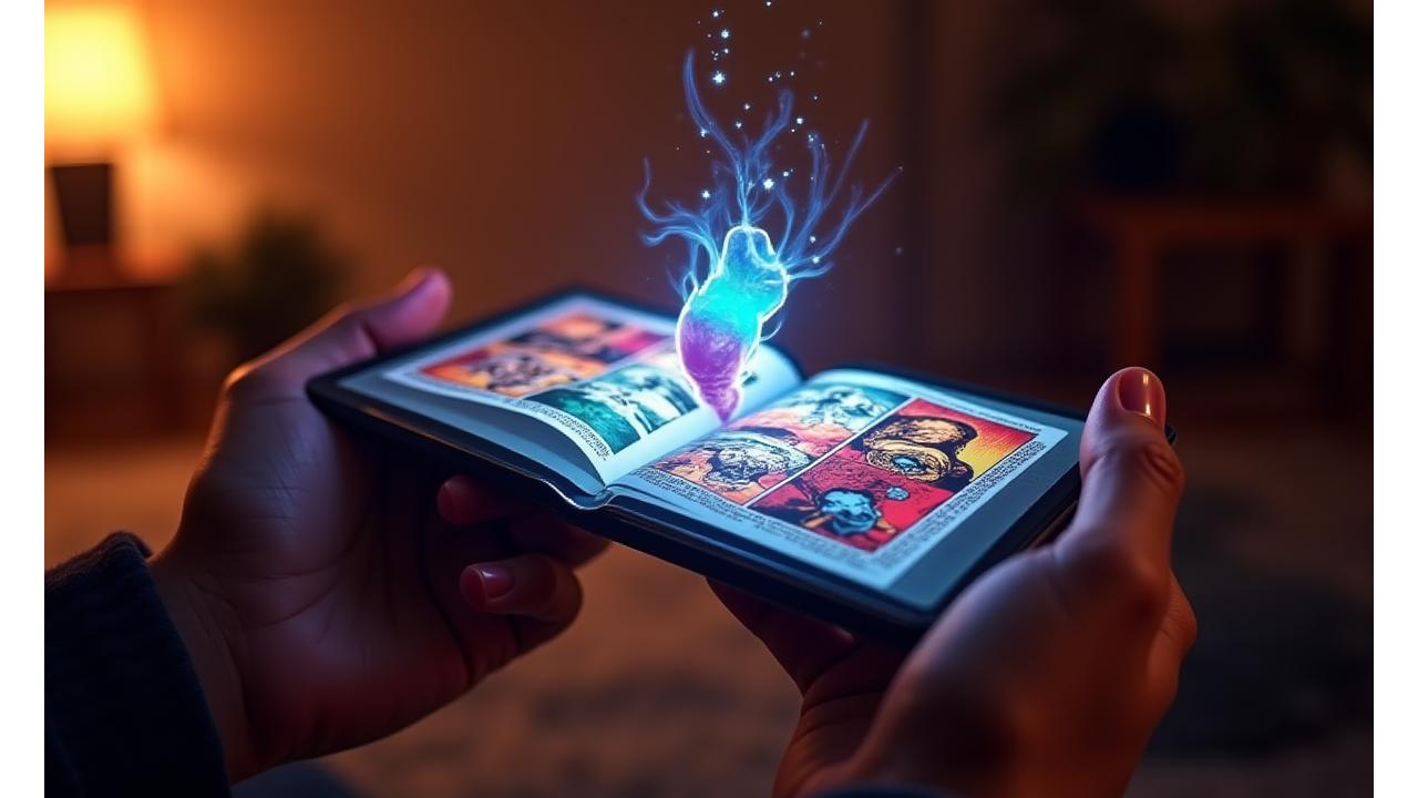 Augmented reality comic panel showing a character leaping out of the page.