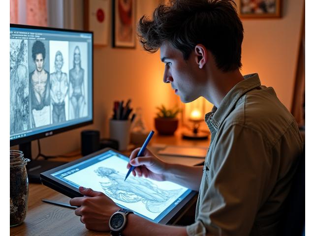 Portrait of Kaelen Thorne, artist for 'Dragon Whisperer', at his drawing desk.