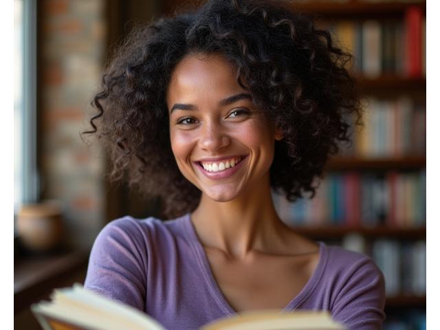 Portrait of Lyra Sterling, lead writer for 'The Crystal Realms', smiling.