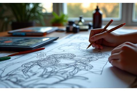 Hands drawing a dynamic comic book panel with pencils and art supplies, focusing on creative skill development workshop.