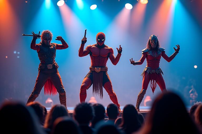 Three elaborately costumed cosplayers posing on a stage during a competition, showcasing detailed craftsmanship.