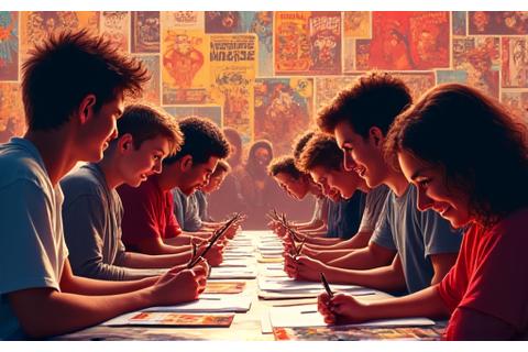 A diverse group of fans excitedly forming a queue for a comic creator signing event, with vibrant posters in the background.