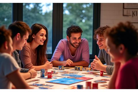 A group of friends laughing and playing a modern board game on a table, surrounded by other board game boxes and snacks.