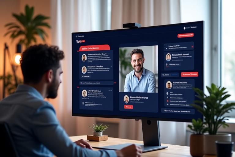A sleek-looking mock-up of a virtual event platform user interface, showing live stream video, chat sidebar, and interactive polls.