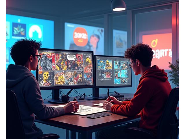Diverse team of comic artists and game developers collaborating in a vibrant, modern studio full of conceptual art and digital screens