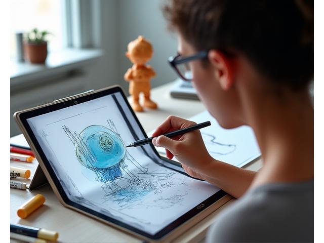An artist sketching concepts for a collectible toy on a tablet, with various art tools and a prototype figure on the desk.