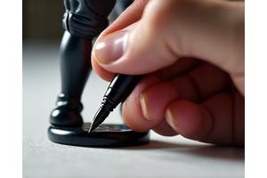 Artist signing the base of a collectible figure, close-up on hand and signature