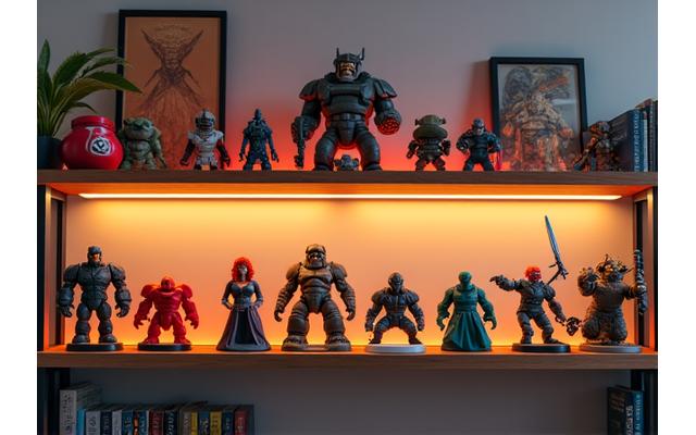 Collector's meticulously arranged display shelf with several Pixel Hearth Studio collectible toys