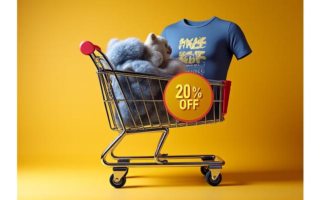 Shopping cart filled with merchandise and a 20% discount tag