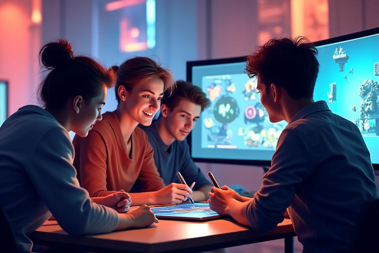 Group of indie game developers collaborating in a vibrant studio setting