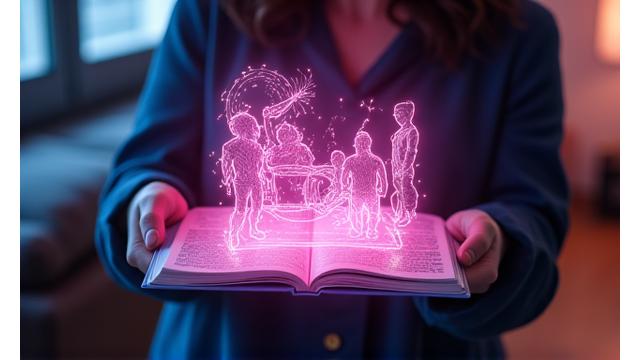 Person interacting with augmented reality comic on a tablet.