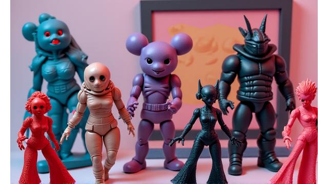 Assortment of limited edition designer toys and art prints.
