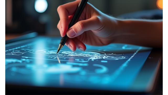 Artist sketching on a digital tablet with creative tools around.