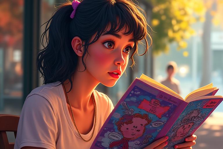 Young adult reading a Pixel Hearth comic book at a outdoor cafe