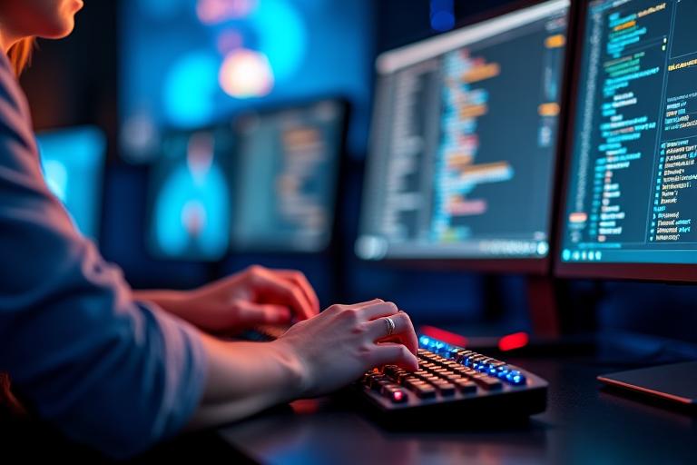 Game developer working on code with Pixel Hearth Studios logo in background