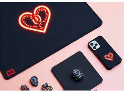 A collection of Pixel Hearth lifestyle accessories, including a branded gaming mousepad, a custom phone case, and an enamel pin set, arranged stylishly.