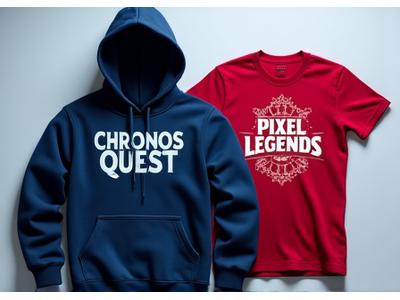 A collection of stylish Pixel Hearth fan apparel including a 'Chronos Quest' hoodie and a 'Starfall Legends' t-shirt on a minimalist white background.