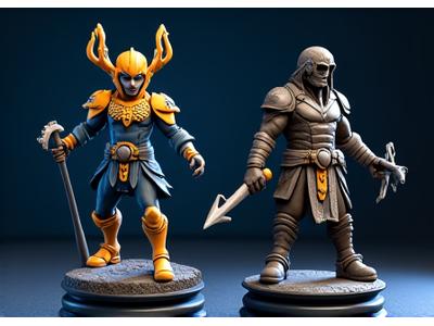 A display of highly detailed collectible figures, including a limited edition 'Aethel' hero figure and a 'Shadow Weaver' villain statue, in dynamic poses.