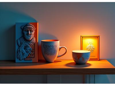 Unique Pixel Hearth home decor items, such as a sculpted bookend featuring a comic character and a 'Cosmic Drift' themed mug, creating an evocative atmosphere.