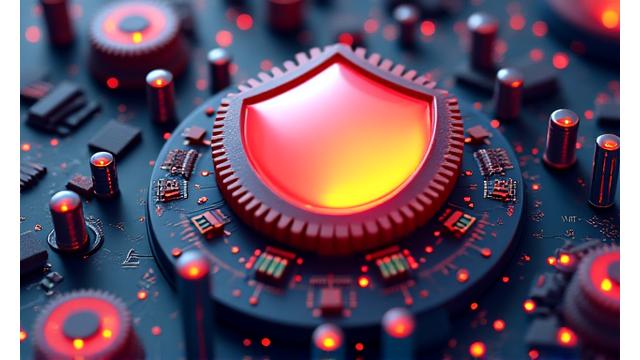 Stylized gears and creative tools intertwined with a shield icon, representing intellectual property protection.